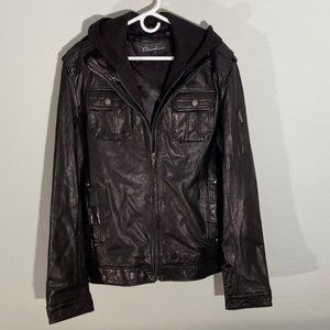 7 Diamonds Mens Black Leather Jacket with Removable Hood Size: XL